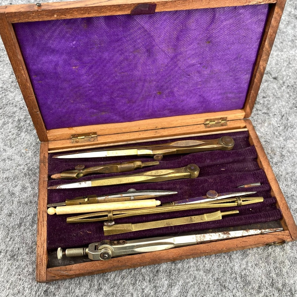 Rare Antique Brass Drafting Set 1894 Wood Box 10 Piece Engineering Tool Kit